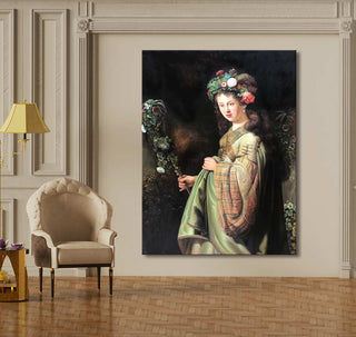 Rembrandt van Rijn – Flora: Klassiek portret van Saskia in groene robe, bloemenkrans en staff, handgeschilderd op canvas. Perfect voor interieurs, zonder lijst nodig.