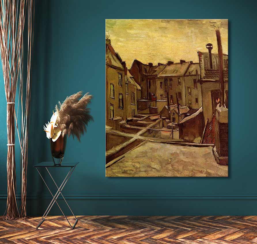 Vincent van Gogh - Achtertuinen in Antwerpen: Olieverfschilderij met stadsaanzicht, opgespannen op houten frame, klaar om op te hangen. Geschilderd op zuurvrij canvas van museumkwaliteit.