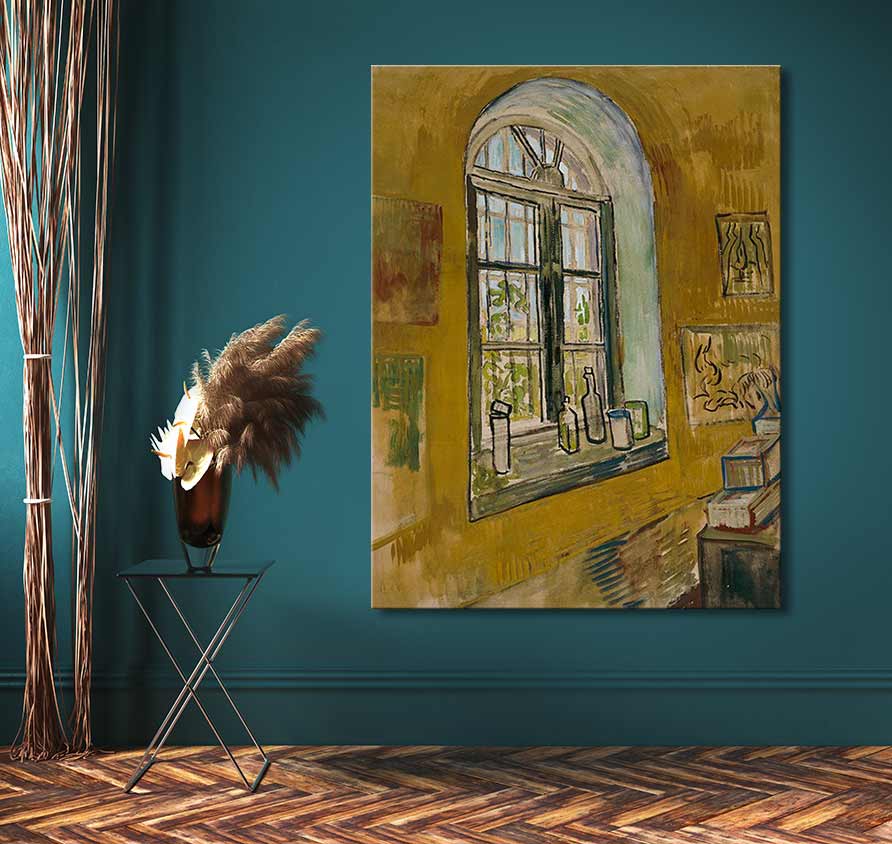 Vincent van Gogh - Saint-Remy Rusthuis: Handgeschilderd olieverfschilderij met een arched raam en flessen op de vensterbank. Ideaal voor liefhebbers van moderne impressionistische kunst.
