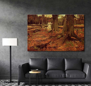 Vincent van Gogh - Jonge Vrouw in het Haagsche Bosch (105x70cm) oil painting on gray wall in minimal living room with black sofa and geometric rug.