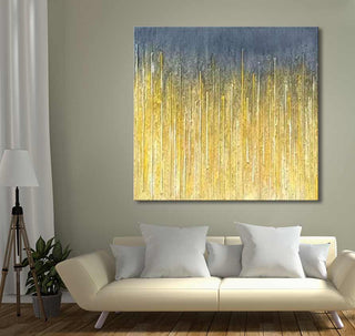 Gouden Regen 1 - Acrylverf op canvas, moderne kunst met goudgele textuur op grijsblauwe achtergrond, gespannen op frame, klaar om op te hangen.