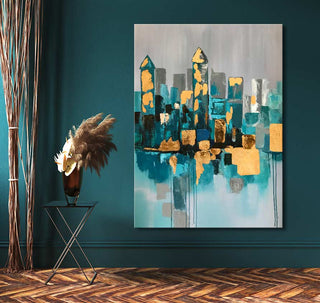 Handgeschilderd schilderij Gouden Stad toont een abstracte skyline met gouden accenten, gespannen op houten frame, perfect voor moderne interieurs. Olieverf op canvas.