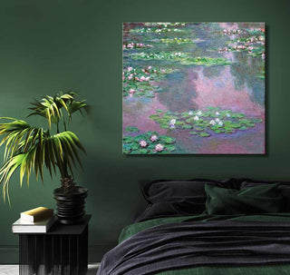 Claude Monet – Lotusbloemen bij Languedoc-Roussillon; impressionistisch olieverfschilderij met waterlelies, gespannen op houten frame, klaar om op te hangen.