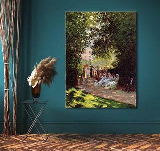 Olieverfschilderij 'Claude Monet – Park Monceau', toont figuren in 19e-eeuwse kleding in een zonovergoten tuinpad. Handgeschilderd op zuurvrij canvas.