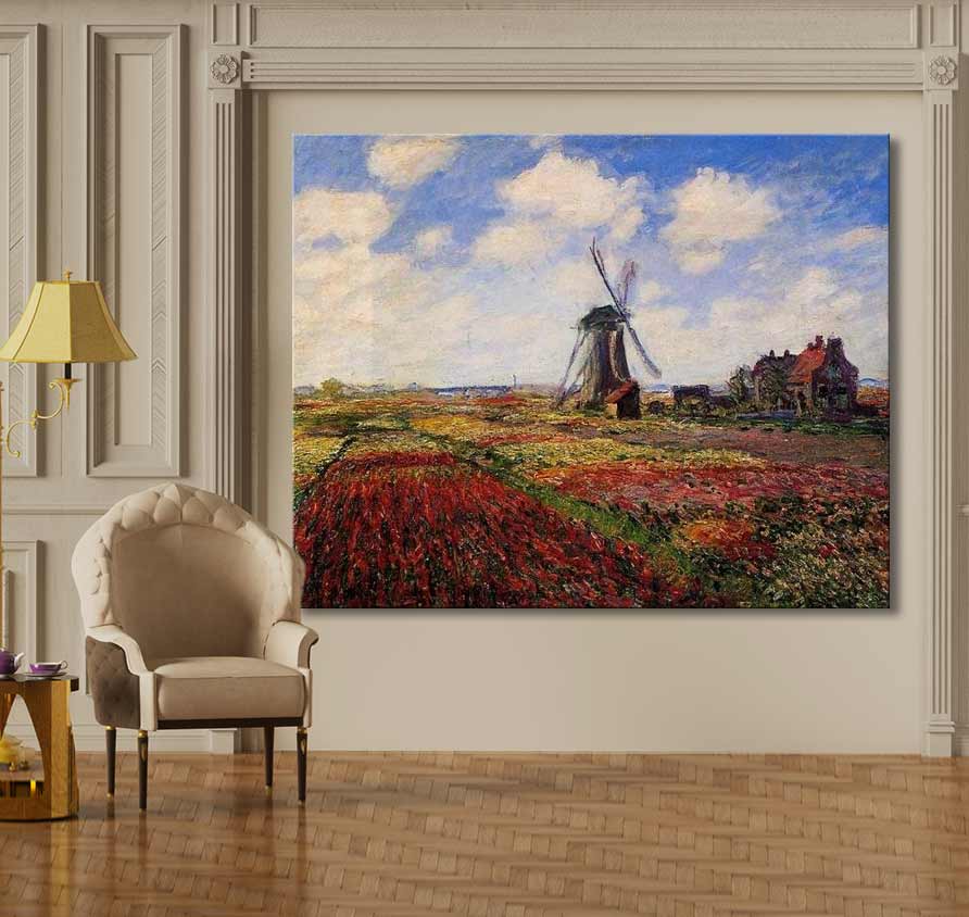 Claude Monet – Molen in Bloemenveld: Impressionistisch olieverfschilderij van een kleurrijk bloemenveld met windmolen, romantisch en realistisch, opgehangen in klassieke woonkamer.