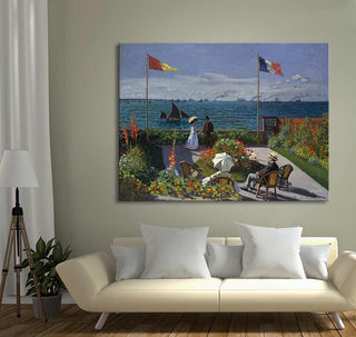 Twee mensen op een bloemenrijk terras met zeezicht, geïnspireerd door Claude Monet's Tuin aan Zee. Handgeschilderd op canvas, direct ophangbaar.