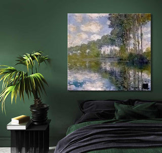 Claude Monet - Populieren aan de Epte, impressionistisch schilderij met bomen en waterreflecties, hangt in een serene, natuurgetinte slaapkamer, voorzien van hoogwaardig olieverfdoek.