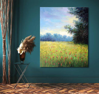 Handgeschilderd olieverfschilderij van Claude Monet, Saffloerveld in Wenen, toont een zonovergoten landschap met wilde bloemen en bomen. Geschilderd op canvas, klaar om op te hangen.