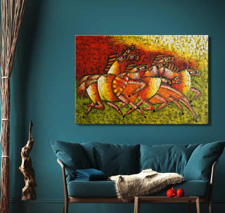 Vijf paarden in kubistische stijl, handgeschilderd olieverfschilderij, geïnspireerd door Picasso. Modern kunstwerk, perfect voor expressieve interieurontwerpen.