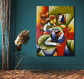 Vrouw op Sofa, cubistisch olieverfschilderij in Picasso-stijl, toont kleurrijke zittende figuur. Inclusief ophangsysteem, geen lijst nodig, UV-bescherming. Perfect voor moderne kunstliefhebbers.