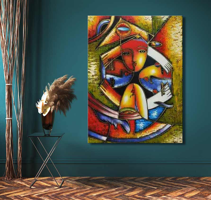 Handgeschilderd schilderij Mephisto van Picasso, abstracte kubistische stijl met verwoven gezichten en ledematen. Opgespannen canvas, klaar om op te hangen.