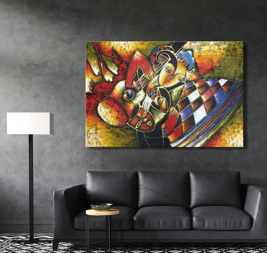 Picasso signature - Desiree: Abstract olieverfschilderij met kubistische vormen en figuren boven een zwarte leren sofa. Een moderne kunstvibe voor woonruimtes.