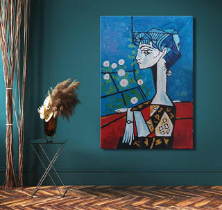 Annabella En Profil 1, a 50x70cm hand-painted, Picasso-inspired abstract canvas, hangs in a modern interior, showcasing cubist artistry with vibrant colors and expressive energy.