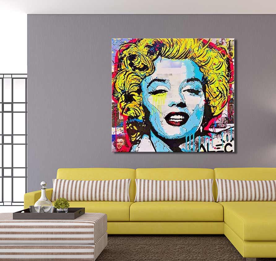 Alec Monopoly – Marylin Monroe, handgeschilderd pop-art schilderij in graffiti-stijl, toont levendige kleuren en moderne kunst, perfect voor interieurdesign. Opgespannen op houten frame.