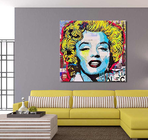 Alec Monopoly – Marylin Monroe, handgeschilderd pop-art schilderij in graffiti-stijl, toont levendige kleuren en moderne kunst, perfect voor interieurdesign. Opgespannen op houten frame.