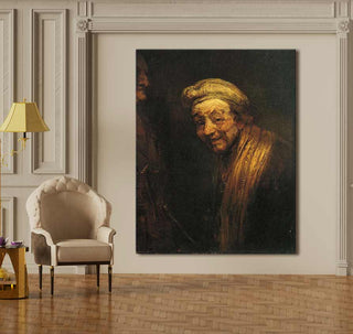 Rembrandt van Rijn – Zelfportret 1636: Een klassiek, barok olieverfschilderij in 17e-eeuwse stijl, opgehangen in een verfijnde leefruimte met een crème fauteuil eronder.