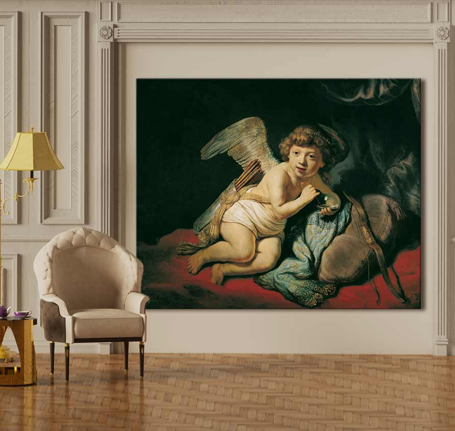Rembrandt van Rijn – Cupido, een barok olieverfschilderij met cherubijn en zandloper, perfect voor klassieke interieurs. Geschilderd op museumkwaliteit canvas.