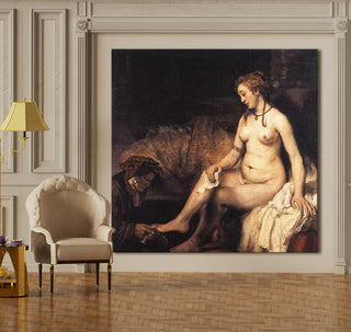 Handgeschilderd olieverfschilderij Rembrandt van Rijn – Badende Vrouw, toont een elegante scène met een vrouw en haar bediende, geïnspireerd op Rembrandt's meesterwerk.