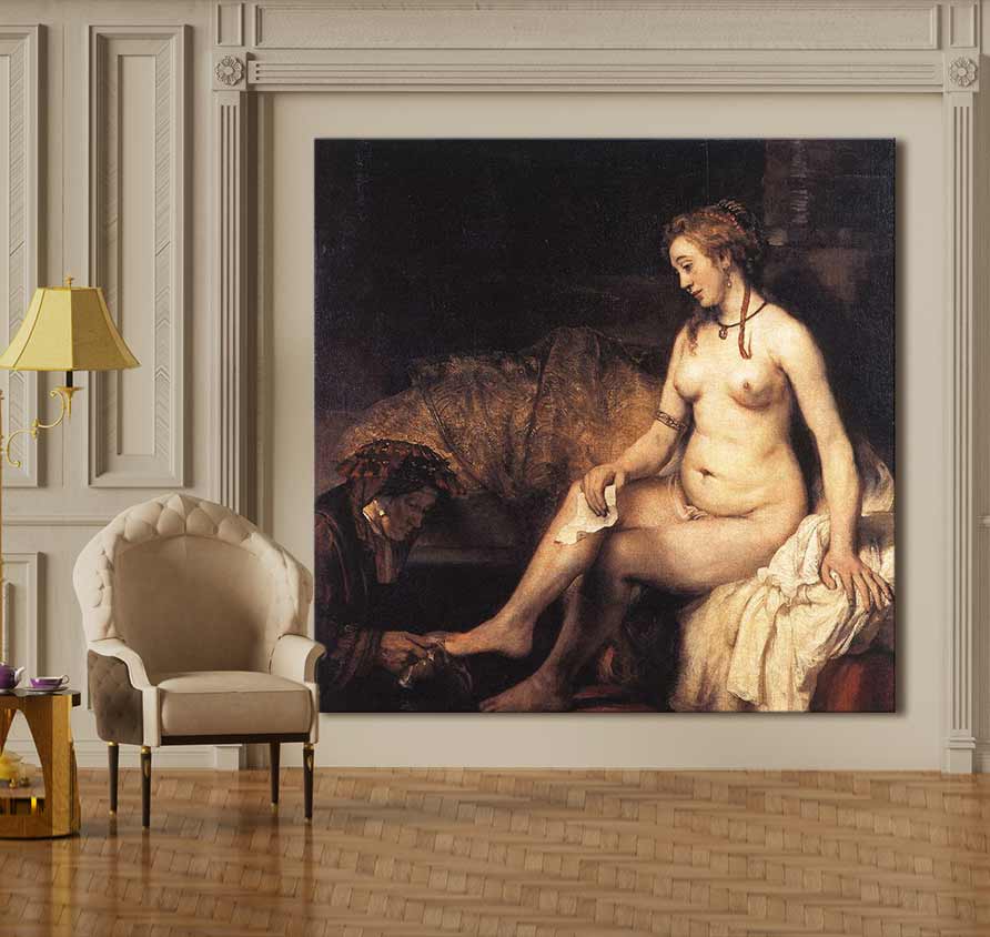 Handgeschilderd olieverfschilderij Rembrandt van Rijn – Badende Vrouw, toont een elegante scène met een vrouw en haar bediende, geïnspireerd op Rembrandt's meesterwerk.