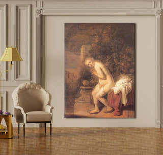Rembrandt van Rijn – Susanna en de Oudsten, olieverfschilderij met een naakte vrouw bij een fontein, barokstijl. Museumkwaliteit canvas, klaar om op te hangen.