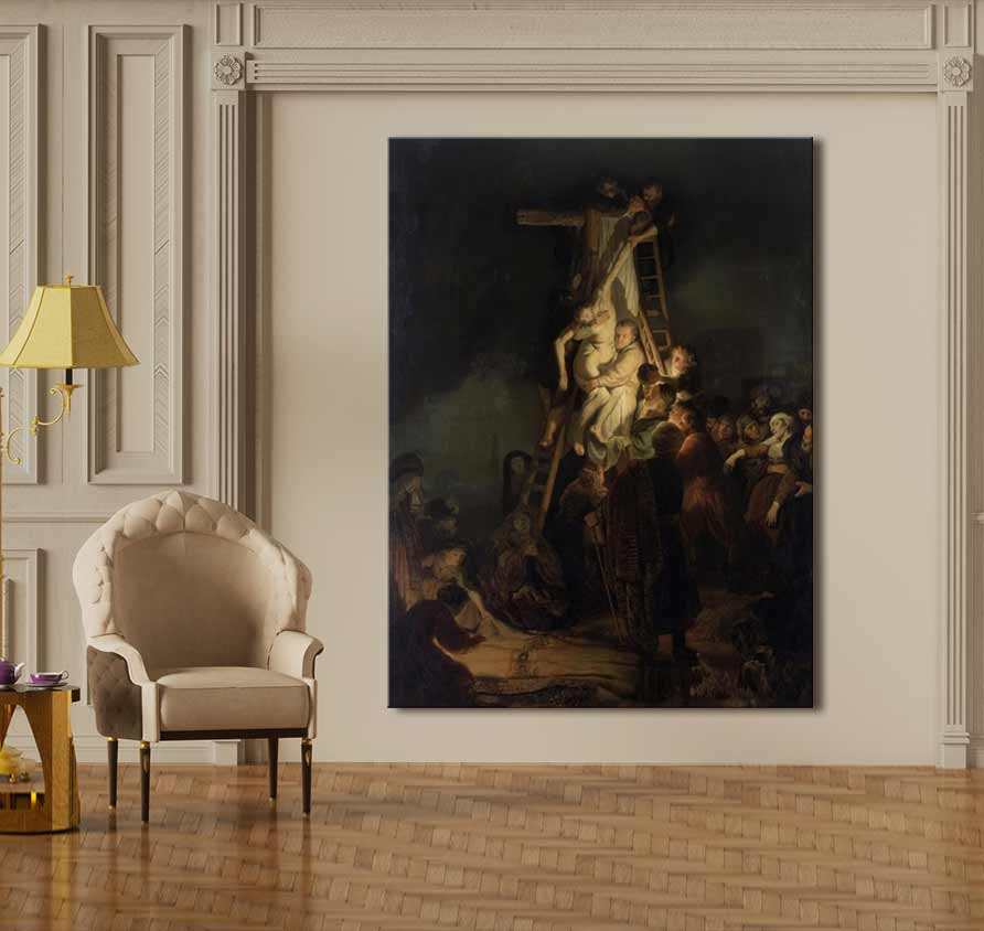 Rembrandt van Rijn – De Afdaling van het Kruis, olieverfschilderij toont Christus' afdaling van het kruis, rijk in barokke details, opgehangen in een stijlvol interieur.