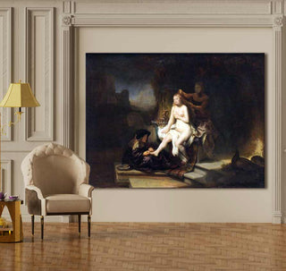 Klassiek interieur met Rembrandt van Rijn's Batseba in Bad als centrale kunstwerk. Handgeschilderd olieverfschilderij op zuurvrij canvas, perfect voor kunstliefhebbers.