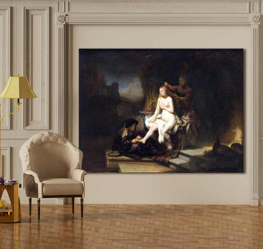 Klassiek interieur met Rembrandt van Rijn's Batseba in Bad als centrale kunstwerk. Handgeschilderd olieverfschilderij op zuurvrij canvas, perfect voor kunstliefhebbers.