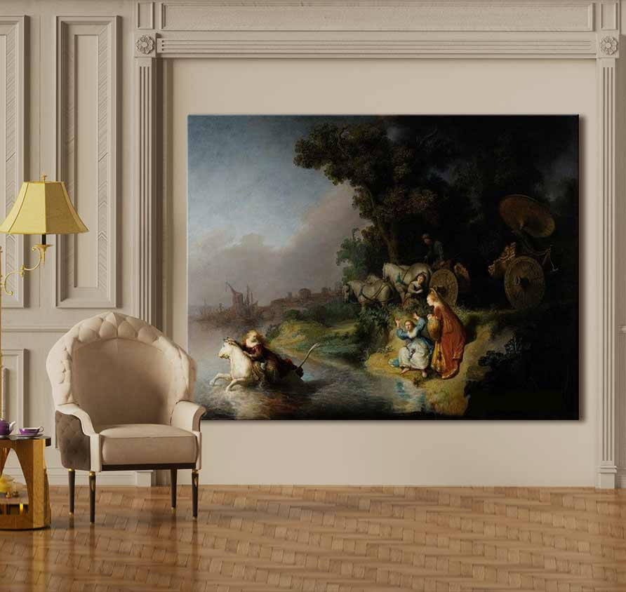 Rembrandt van Rijn – De Ontvoering van Europa: Klassiek landschap met witte paarden, figuren aan rivier, en koets. Handgeschilderd op canvas, klaar om op te hangen.