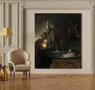 Rembrandt van Rijn – De Opstanding van Lazarus: Olieverfschilderij toont Jezus bij de tombe van Lazarus, omringd door toeschouwers. Geschilderd op museumkwaliteit canvas.
