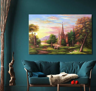 Thomas Cole's 'The Return' olieverfschilderij toont een kasteel in een landschap. Hangt boven een moderne teal bank met bontplaid, op een houten frame.
