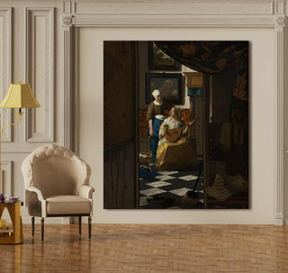 Twee vrouwen in een 17e-eeuws interieur bij een luit – Johannes Vermeer, De Liefdesbrief. Hoogwaardig olieverfschilderij, barokke stijl, gespannen op houten frame.