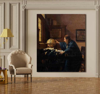 Johannes Vermeer – De Astronoom: Handgeschilderd olieverfschilderij op doek, toont een astronoom in 17e-eeuwse stijl. Klaar om op te hangen, geen lijst nodig.