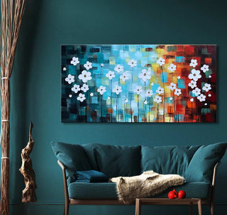 Handgeschilderd schilderij 'Witte Bloementuin' met witte bloemen in dikke olieverf op kubistische achtergrond. Geschikt voor interieurontwerp, direct ophangbaar.