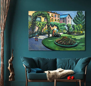 Schilderij August Macke – Leraren in de Tuin: expressief tuinlandschap met kind en volwassene; handgeschilderd olieverf op canvas, klaar om op te hangen.