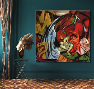 Franz Marc's De Waterval painting, a vibrant abstract with nude figures by a waterfall. Displayed with a black metal side table and pampas grass vase.