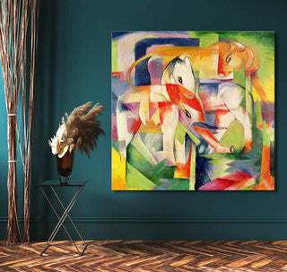 Abstract cubist-style painting, Franz Marc – De Dierentuin, on teal wall. Vibrant colors, ready-to-hang. Perfect for modern art enthusiasts.