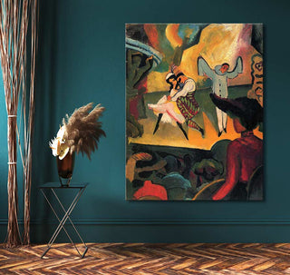 Colorful stage scene with three dancers, inspired by August Macke's Russische Balletdanser. Oil painting on canvas, vibrant and expressive, perfect for modern interiors.
