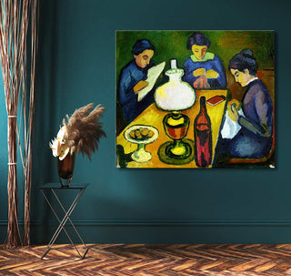 Fauvist-style painting by August Macke, Drie Vrouwen aan Tafel, featuring three women engaged in tasks around a table, with vibrant colors and expressive brushwork.