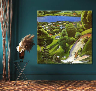August Macke – De Vallei: Hand-painted landscape with two figures and a dog on a path, vibrant hills, lake, and village. Ideal for modern art lovers.
