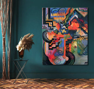August Macke – De Hommage: A vibrant abstract painting featuring geometric forms and swirling motifs, displayed in a modern room with a teal wall and minimalist decor.