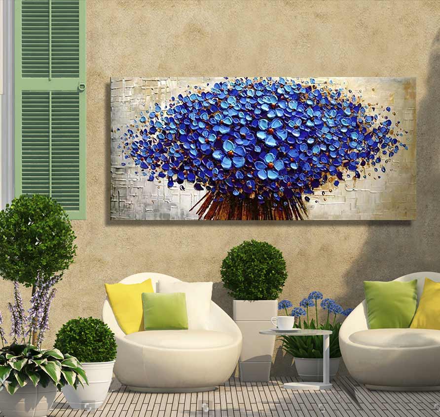 Bolderikbloemen – Dikke olieverf op canvas toont een bos blauwe bloemen. Geschilderd met paletmes, ideaal voor natuurkunstliefhebbers.