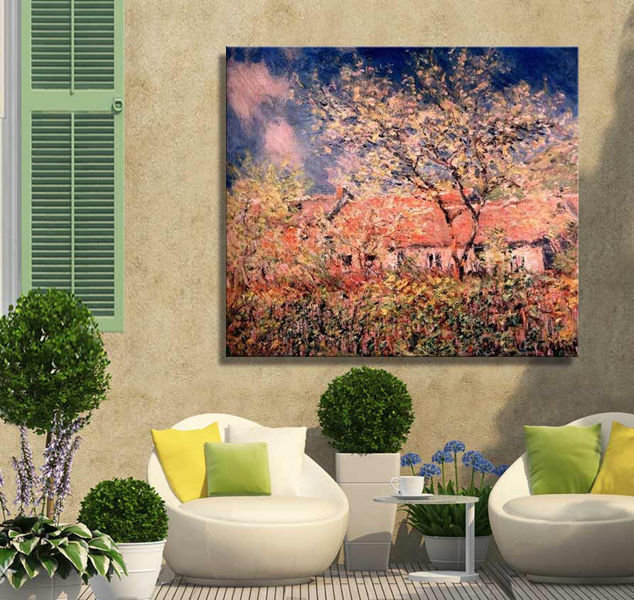 Olieverfschilderij Claude Monet – Boerderij in Bloesem: impressionistisch doek met zonovergoten cottage, perfect voor tuin of interieur. Zijkanten mee geschilderd, geen lijst nodig.