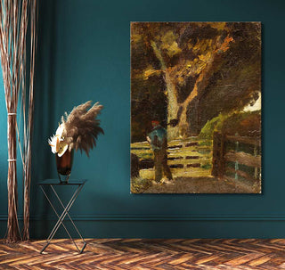 Vincent van Gogh's 'Boer met Stok en Spade' painting on a wall, showing a farmer by a gate, hand-painted in impressionist style.