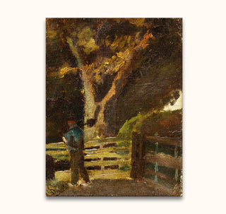 Vincent van Gogh's Boer met Stok en Spade, a hand-painted oil scene of a rustic man by a fence, captures tranquil countryside life.
