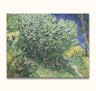 Vincent van Gogh - De Seringen, an Impressionist-style oil painting depicting a leafy shrub, dirt path, and blue water. Ready-to-hang, museum-quality canvas.