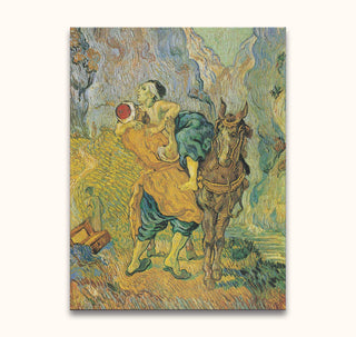 Vincent van Gogh - De Barmhartige Samaritaan: Hand-painted oil artwork depicting the Samaritan aiding an injured traveler in a Post-Impressionist style, ready to hang.