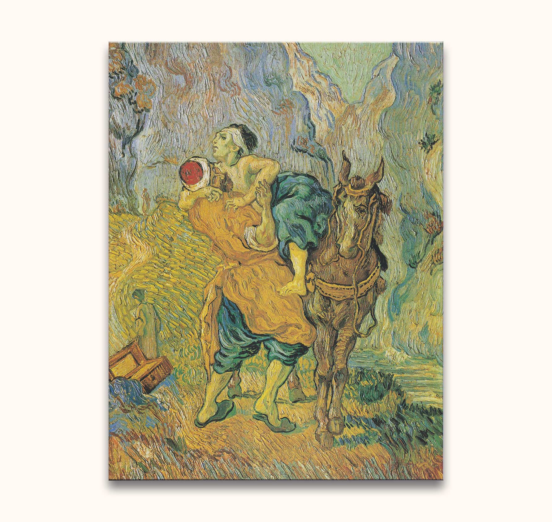 Vincent van Gogh - De Barmhartige Samaritaan: Hand-painted oil artwork depicting the Samaritan aiding an injured traveler in a Post-Impressionist style, ready to hang.