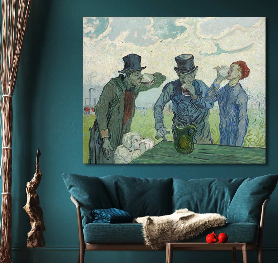 Vincent van Gogh's De Drinkers framed artwork above a teal mid-century sofa, styled with natural decor and apples on a side table.