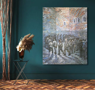 Van Gogh's Prisoners Exercising painting, hand-painted on museum-quality canvas, displayed in a teal-green room with a modern decorative setup.