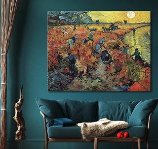 Vincent van Gogh's The Red Vineyard framed print above a teal loveseat, showcasing workers harvesting under a sun. Perfect for modern art enthusiasts.